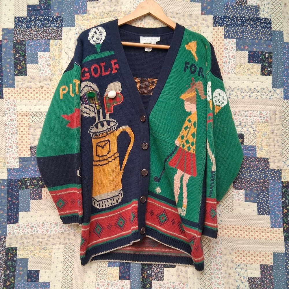 VTG 80s Sweater Loft Golf Novelty Cardigan Sweater Womens Large Quirky AOP